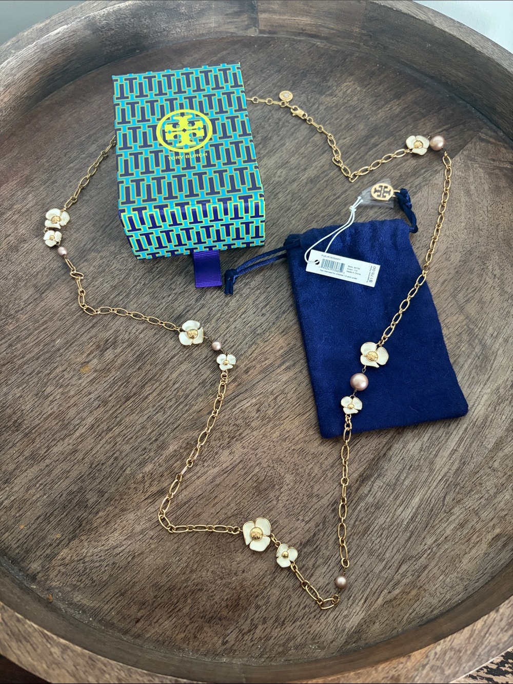 Tory Burch Gold Chain Necklace with Cream Flower Stations & Pink Pearl Accents